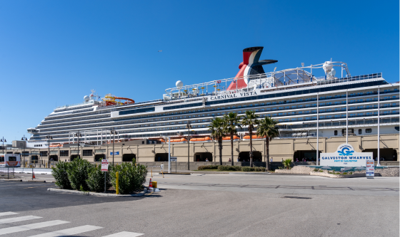 A large cruise ship docked at the Port of Galveston.