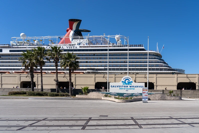 Galveston, Texas, USA - March 12, 2022: Carnival Vista cruise ship at port of Galveston, Texas, USA on March 12, 2022. Carnival Vista is a cruise ship operated by Carnival Cruise Line.