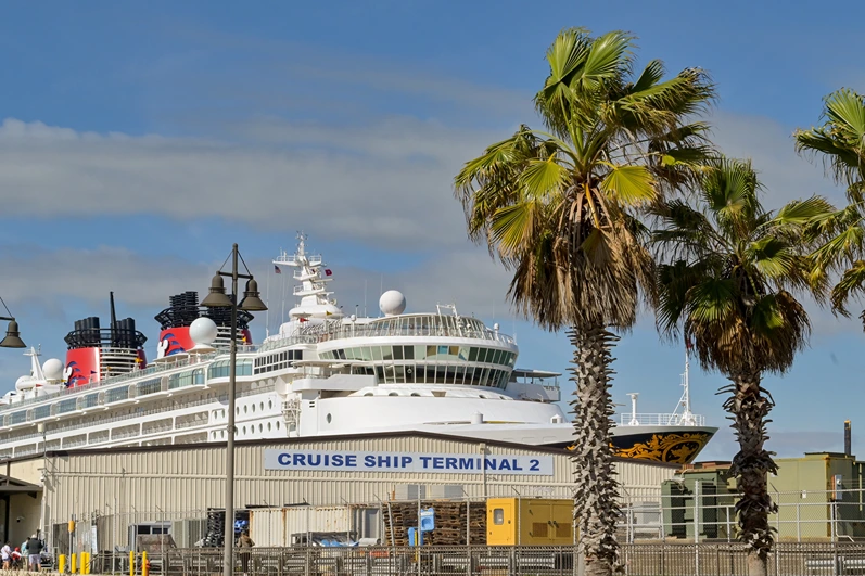 Galveston, Texas - February 2023: Cruise ship docked at Cruise terminal 2 in the city's port